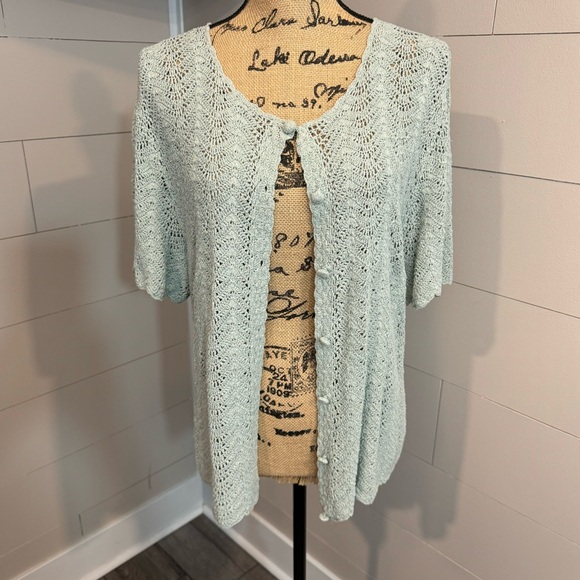 Vintage Crochet Silk Blend Short Sleeve Button Front Cardigan Sweater - Medium - Picture 1 of 6